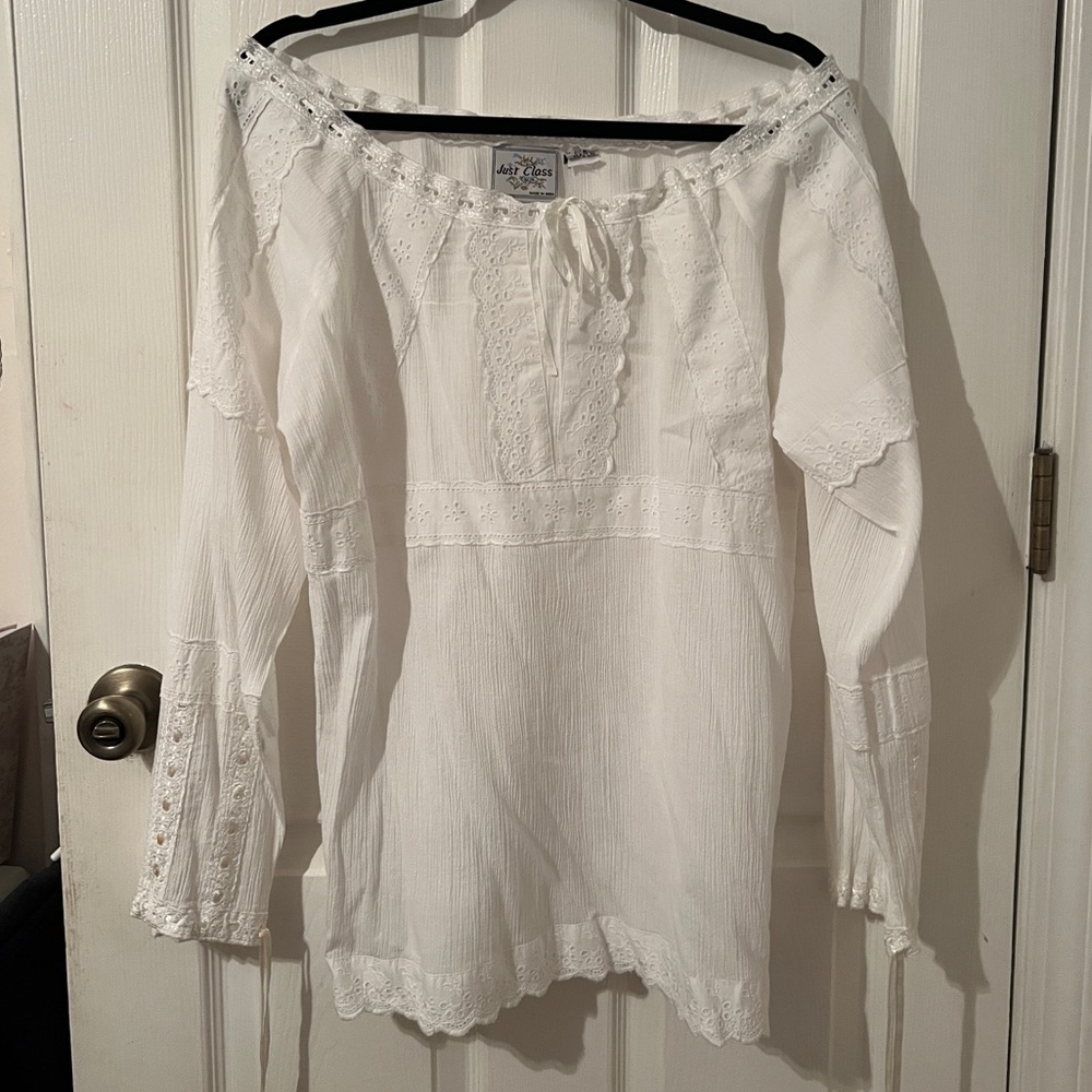 White linen 100% cotton boat neck flowy top
